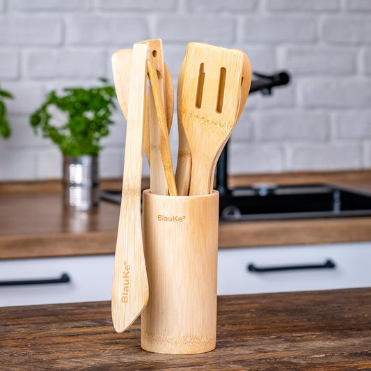 8-pack of bamboo kitchen utensils, each measuring 11.8 inches long, neatly arranged and designed for eco-friendly cooking and food preparation.